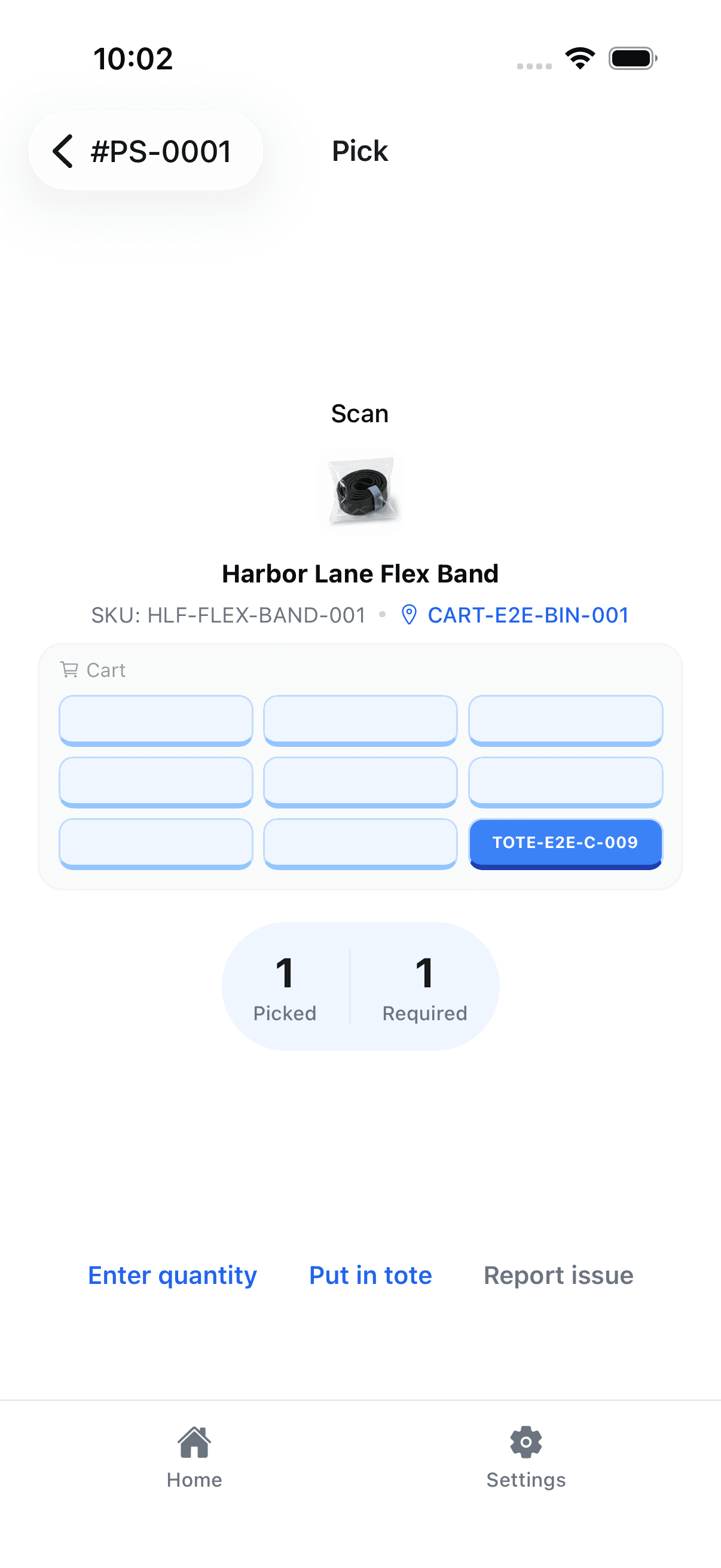 Cybership mobile app guiding a picker to scan a product and place it in the highlighted cart tote